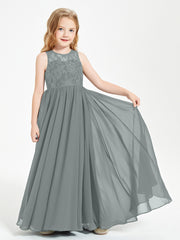 Long Junior Bridesmaid Dresses Illusion Lace Top Steel Grey