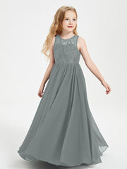 Long Junior Bridesmaid Dresses Illusion Lace Top Steel Grey