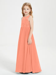 Long Junior Bridesmaid Dresses Illusion Lace Top Sunset