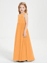 Long Junior Bridesmaid Dresses Illusion Lace Top Tangerine
