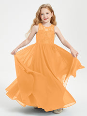 Long Junior Bridesmaid Dresses Illusion Lace Top Tangerine