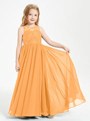 Long Junior Bridesmaid Dresses Illusion Lace Top Tangerine