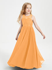 Long Junior Bridesmaid Dresses Illusion Lace Top Tangerine