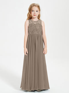 Long Junior Bridesmaid Dresses Illusion Lace Top Taupe