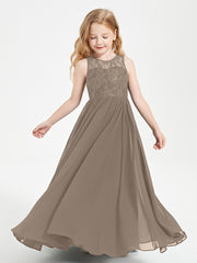 Long Junior Bridesmaid Dresses Illusion Lace Top Taupe