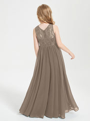 Long Junior Bridesmaid Dresses Illusion Lace Top Taupe