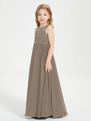 Long Junior Bridesmaid Dresses Illusion Lace Top Taupe