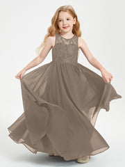 Long Junior Bridesmaid Dresses Illusion Lace Top Taupe