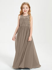 Long Junior Bridesmaid Dresses Illusion Lace Top Taupe