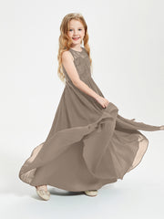 Long Junior Bridesmaid Dresses Illusion Lace Top Taupe