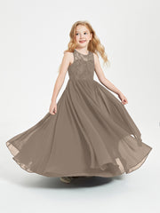 Long Junior Bridesmaid Dresses Illusion Lace Top Taupe