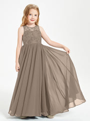Long Junior Bridesmaid Dresses Illusion Lace Top Taupe