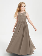 Long Junior Bridesmaid Dresses Illusion Lace Top Taupe