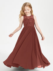 Long Junior Bridesmaid Dresses Illusion Lace Top Terracotta