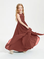 Long Junior Bridesmaid Dresses Illusion Lace Top Terracotta
