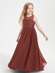 Long Junior Bridesmaid Dresses Illusion Lace Top Terracotta