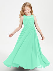 Long Junior Bridesmaid Dresses Illusion Lace Top Turquoise