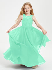 Long Junior Bridesmaid Dresses Illusion Lace Top Turquoise