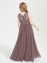 Long Junior Bridesmaid Dresses Illusion Lace Top Vintage Mauve