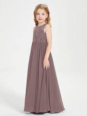 Long Junior Bridesmaid Dresses Illusion Lace Top Vintage Mauve