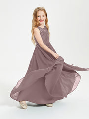 Long Junior Bridesmaid Dresses Illusion Lace Top Vintage Mauve