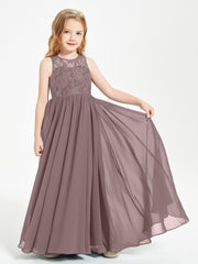 Long Junior Bridesmaid Dresses Illusion Lace Top Vintage Mauve