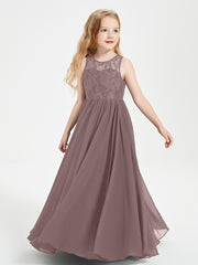 Long Junior Bridesmaid Dresses Illusion Lace Top Vintage Mauve