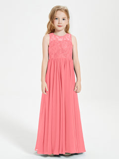 Long Junior Bridesmaid Dresses Illusion Lace Top Watermelon