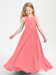Long Junior Bridesmaid Dresses Illusion Lace Top Watermelon