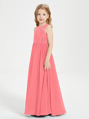 Long Junior Bridesmaid Dresses Illusion Lace Top Watermelon