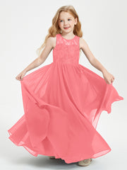Long Junior Bridesmaid Dresses Illusion Lace Top Watermelon