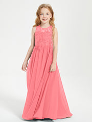 Long Junior Bridesmaid Dresses Illusion Lace Top Watermelon