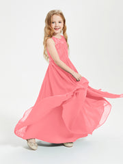 Long Junior Bridesmaid Dresses Illusion Lace Top Watermelon