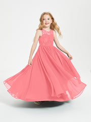 Long Junior Bridesmaid Dresses Illusion Lace Top Watermelon