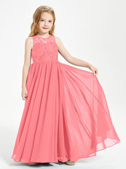 Long Junior Bridesmaid Dresses Illusion Lace Top Watermelon