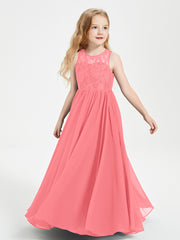 Long Junior Bridesmaid Dresses Illusion Lace Top Watermelon