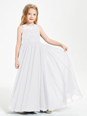 Long Junior Bridesmaid Dresses Illusion Lace Top White