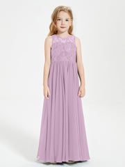 Long Junior Bridesmaid Dresses Illusion Lace Top Wisteria