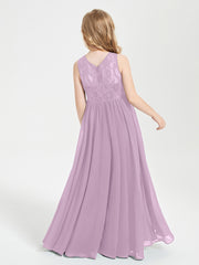 Long Junior Bridesmaid Dresses Illusion Lace Top Wisteria