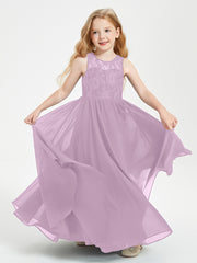 Long Junior Bridesmaid Dresses Illusion Lace Top Wisteria