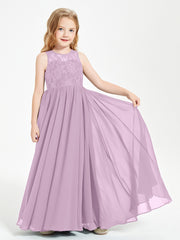 Long Junior Bridesmaid Dresses Illusion Lace Top Wisteria