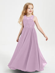 Long Junior Bridesmaid Dresses Illusion Lace Top Wisteria