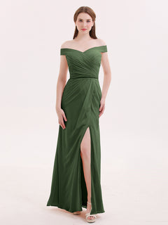 Chiffon Off Shoulder Dresses with Slit-Olive Green