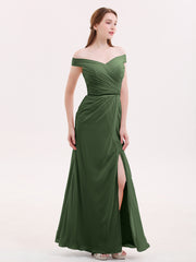 Chiffon Off Shoulder Dresses with Slit-Olive Green Plus Size
