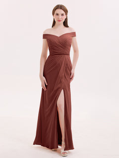 Chiffon Off Shoulder Dresses with Slit-Terracotta