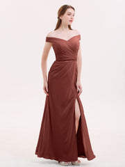 Chiffon Off Shoulder Dresses with Slit-Terracotta