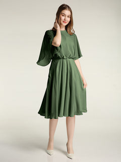 Scoop Neck Flutter Sleeves Short Chiffon Dresses-Olive Green