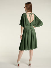 Scoop Neck Flutter Sleeves Short Chiffon Dresses-Olive Green