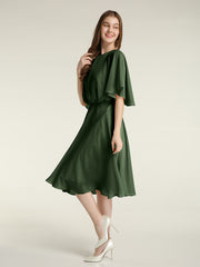 Scoop Neck Flutter Sleeves Short Chiffon Dresses-Olive Green