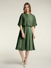 Scoop Neck Flutter Sleeves Short Chiffon Dresses-Olive Green
